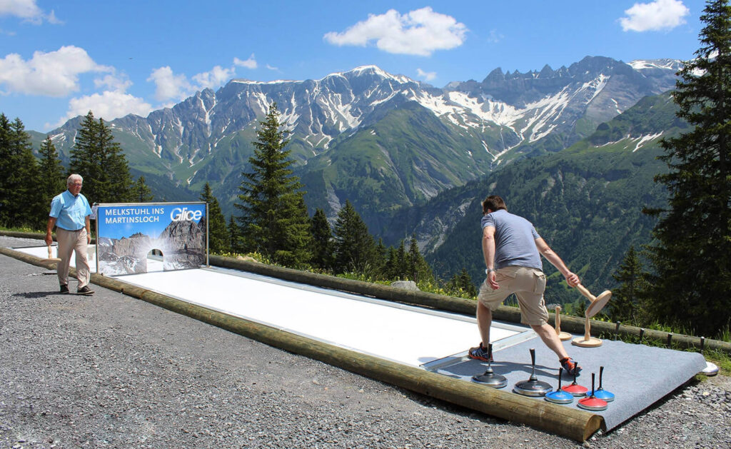 Glice Eisstock Track in the Swiss Alps. eco rink hire by FX Live